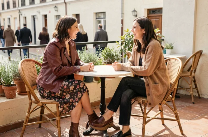 Deux femmes tendance assises en terrasse de café portant des tenues mode saison, veste en cuir bordeaux et cardigan oversize