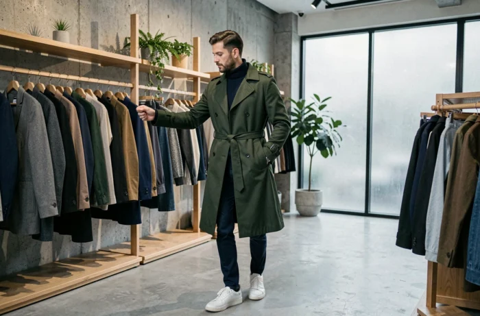 Homme stylé en trench coat vert forêt explorant un concept store moderne, look masculin tendance mode automne-hiver