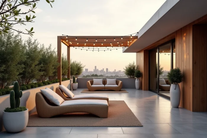 Terrasse urbaine tendance aménagée avec mobilier de jardin moderne et plantes architecturales