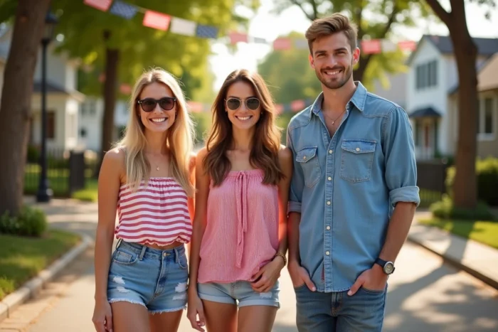 Trois amis stylés en tenues rouge, blanc et bleu pour célébrer le 4 juillet dans une rue décorée