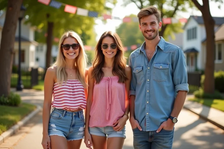 Trois amis stylés en tenues rouge, blanc et bleu pour célébrer le 4 juillet dans une rue décorée