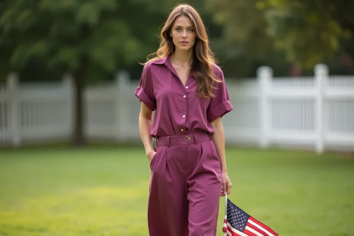 Femme en total look prune avec un accessoire drapeau vintage pour la fête nationale du 4 juillet