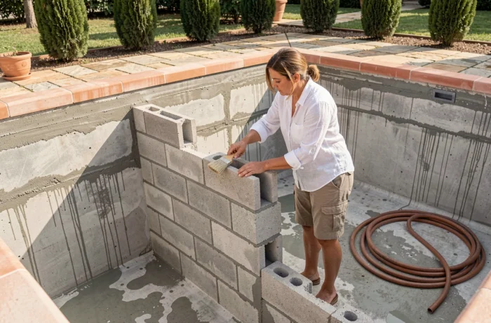 Femme appliquant un produit d'étanchéité sur une cloison intérieure lors de la réduction d'une piscine enterrée