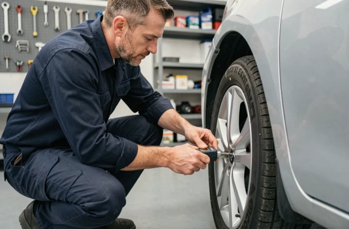 Technicien vérifiant la pression des pneus d'une Toyota Yaris hybride avec un manomètre numérique dans un garage