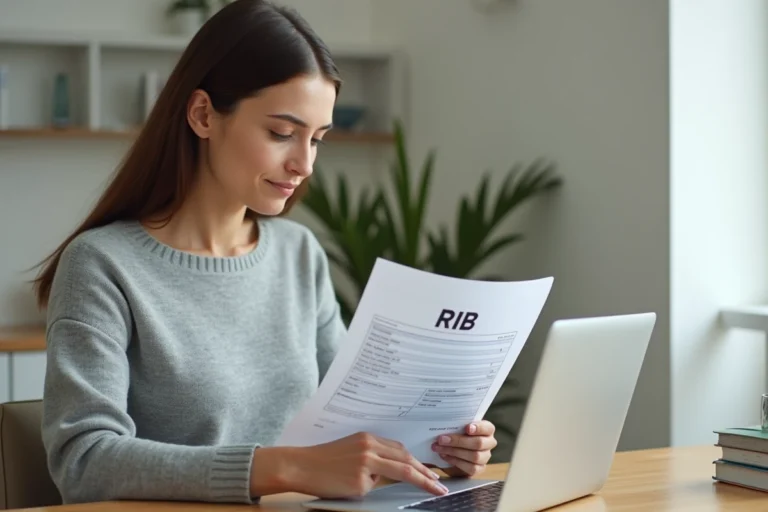 Femme vérifiant son RIB bancaire devant un ordinateur portable dans un bureau à domicile