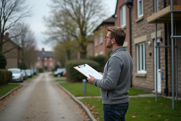 Personne tenant un presse-papiers devant une maison en rénovation lors d'une visite de chantier immobilier en banlieue