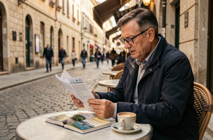 Homme consultant un guide de voyage et des documents imprimés en terrasse de café dans une rue pavée européenne