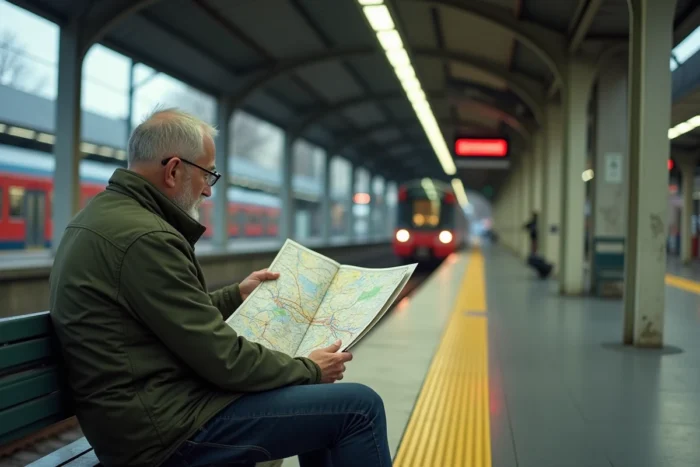 Voyageur consultant une carte RER sur un quai de banlieue parisienne